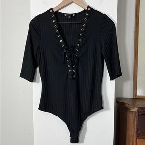 Iris Black Lace-Up Ribbed Bodysuit